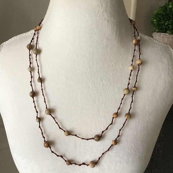 LAST 1! Crochet & Stone LONG Necklace BROWN Bead Strand Knot Boho Festival NEW - Picture 4 of 6
